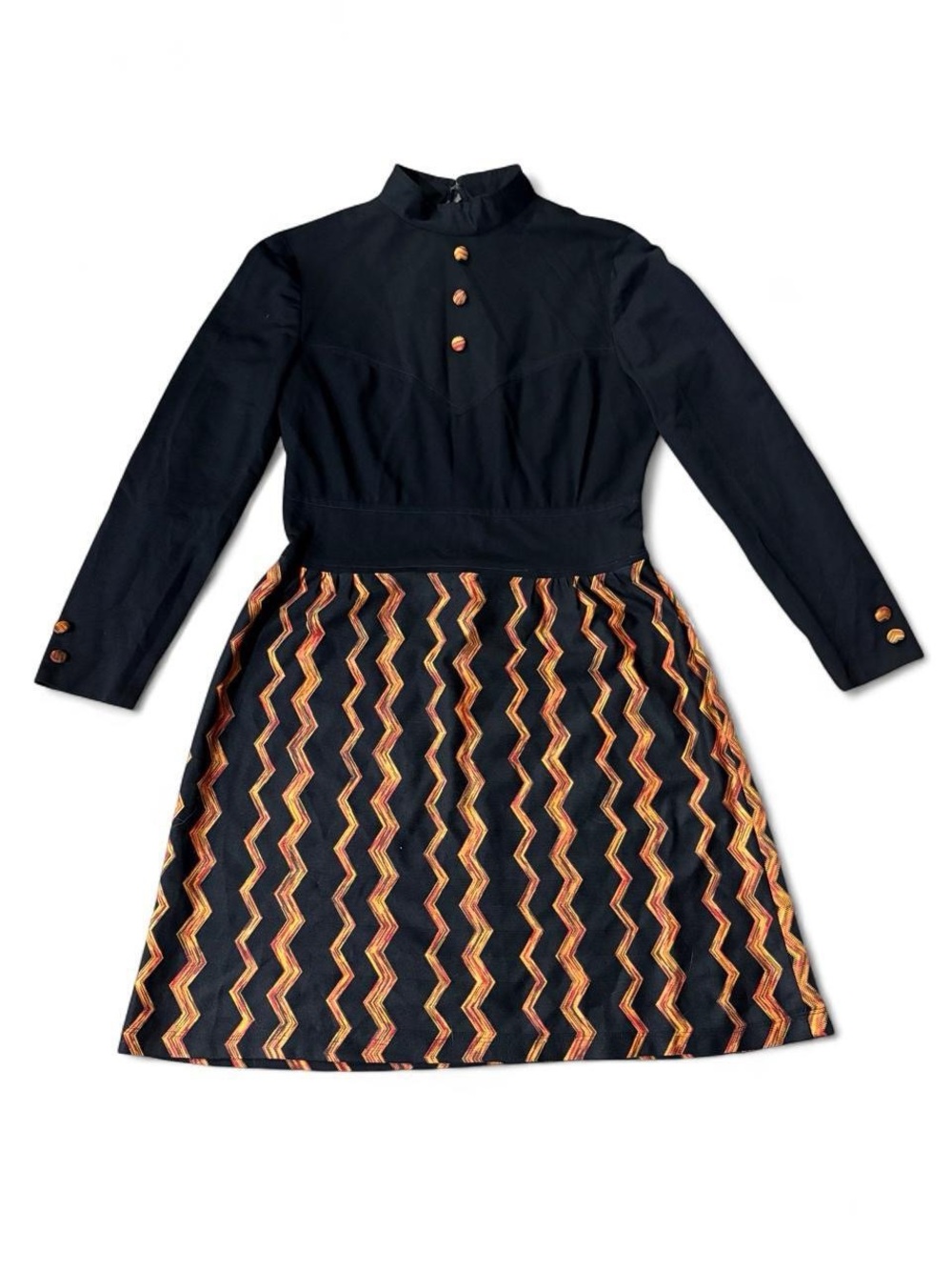 Vintage 70s Mod Chevron Mini Dress Mock Neck Western Yoke Zig Zag Black Orange